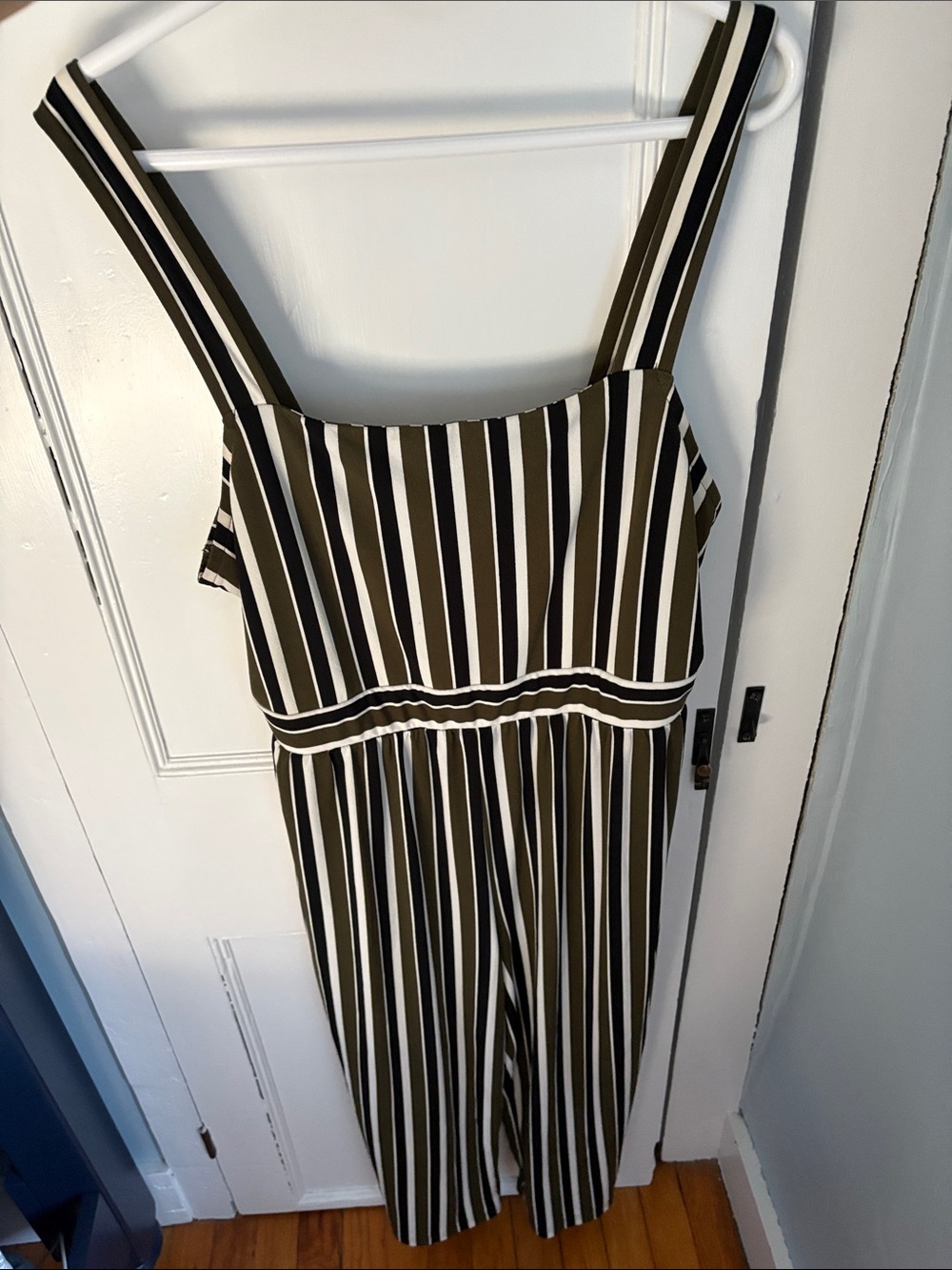 Express Olive and White Vertical Striped Jumpsuit